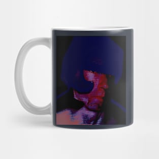 Digital collage, special processing. Strong guy in helmet. Protection, durable. Red face, blue reflexes. Mug